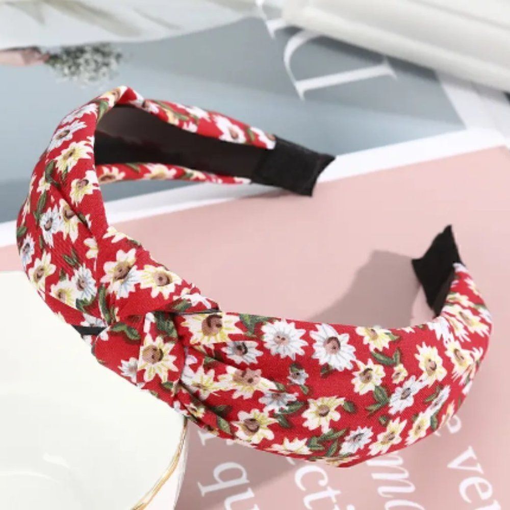 Red Daisy Floral Top Knot Headband